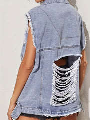 Ripped Denim Vest Distressed Button Lapel Denim Jackets Women's Clothing