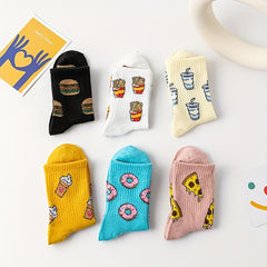 6 Pairs Cartoon Food Print Socks & Funny Mid Tube Socks Women's Stockings