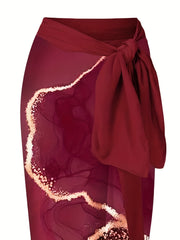 Burgundy Print Two Piece Swimsuit with Cover Up Shirt