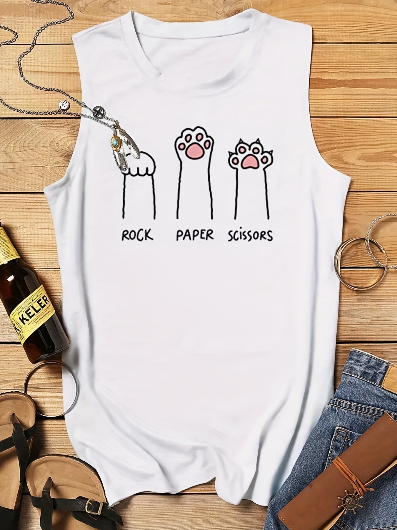 Cat Paw Print Crew Neck Tank Top For Summer