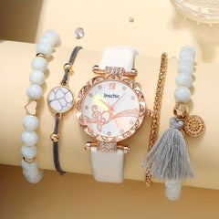 Leather Quartz Watch & Agate Bracelet Set Gift