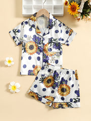 Girls Sunflower Print Top & Short Pants Loungewear Set