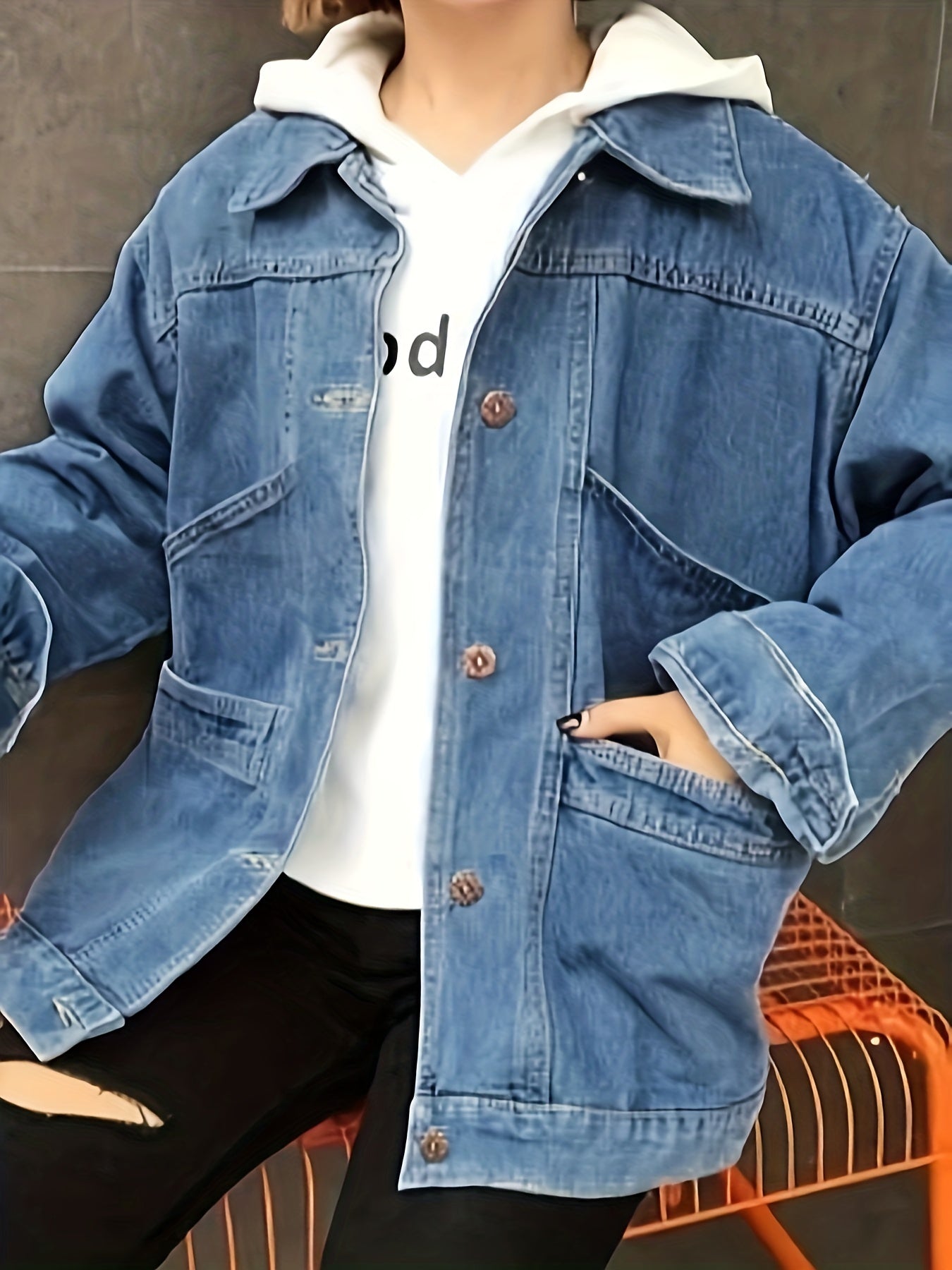 Preppy Denim Jacket Women's Plus Button Up Lapel Collar Denim Coat