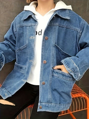 Preppy Denim Jacket Women's Plus Button Up Lapel Collar Denim Coat