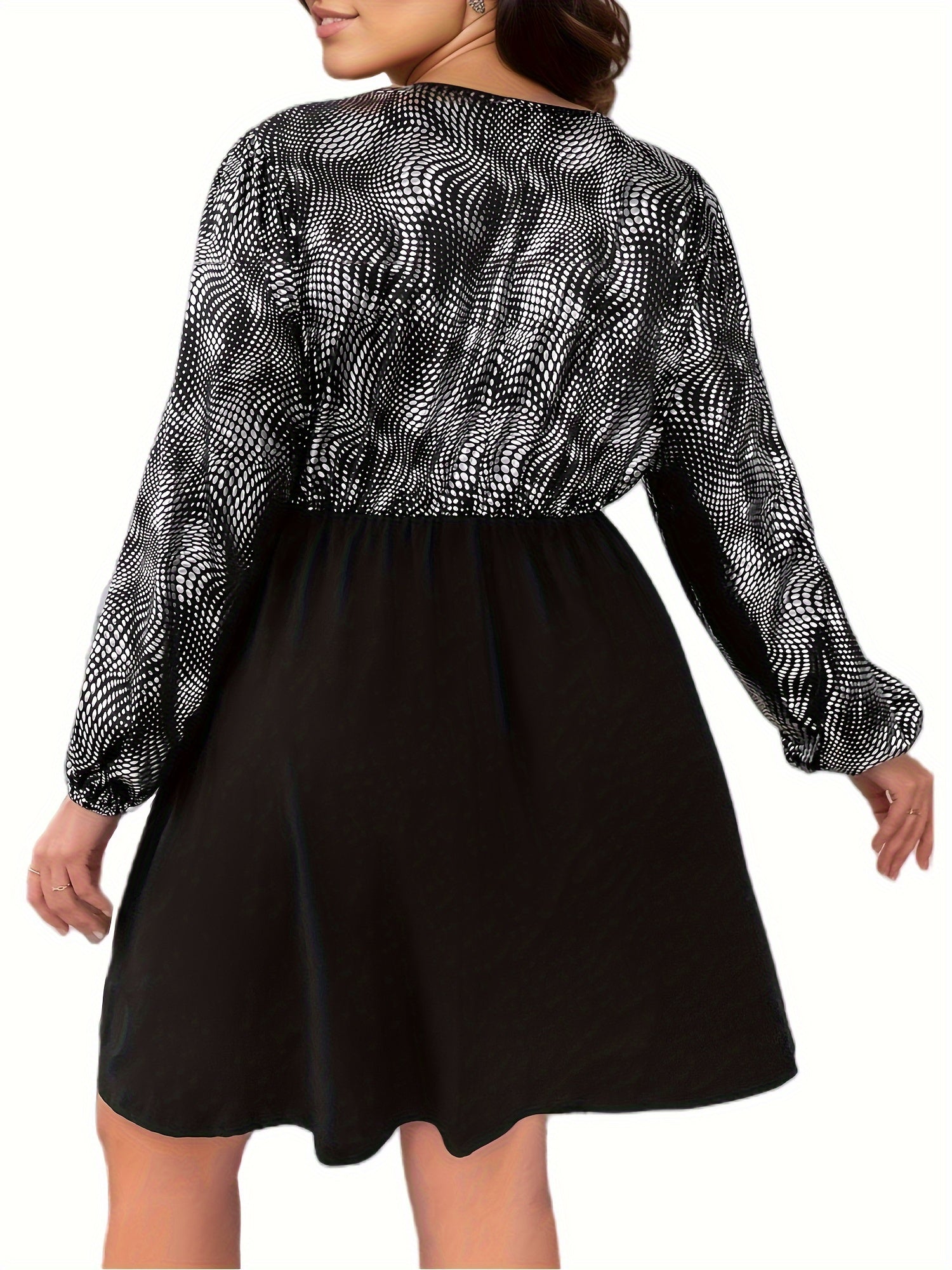 Colorblock Dot Print Lantern Sleeve V Neck Mini Dress