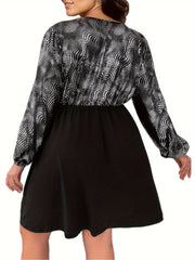 Colorblock Dot Print Lantern Sleeve V Neck Mini Dress