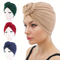 Braided Knot Pleated Turban Cap Solid Head Wrap Hijab Caps