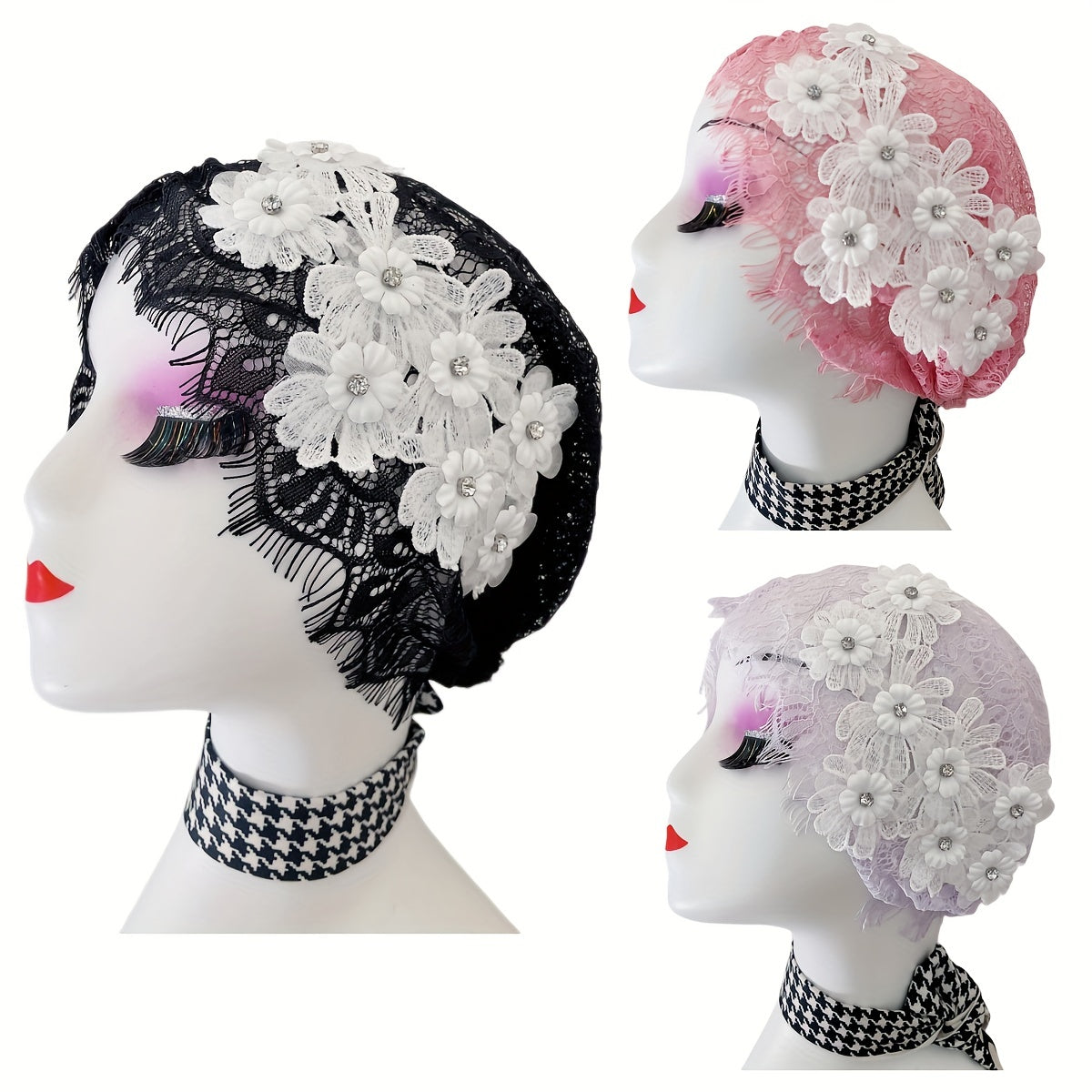 Flower Decor Lace Beanie Hollow Out Turban Cap French Style Head Wrap