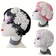 Flower Decor Lace Beanie Hollow Out Turban Cap French Style Head Wrap