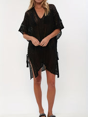Knitted Split Side Cover Up V Neck Tassel Solid Beach Loose Cover Up