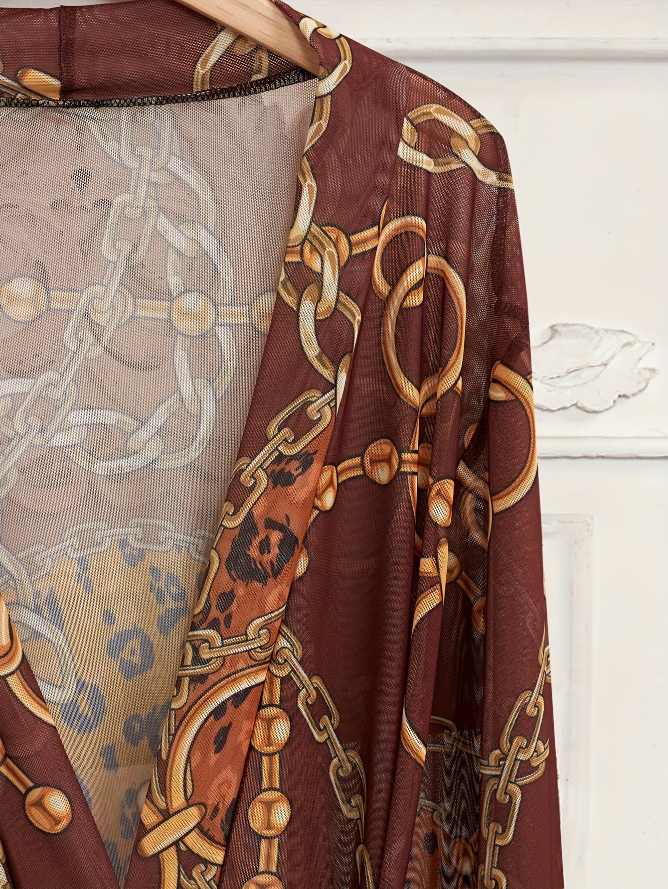 Chain Print Mesh Night Robe Long Sleeve V Neck Robe Women's Sexy Lingerie