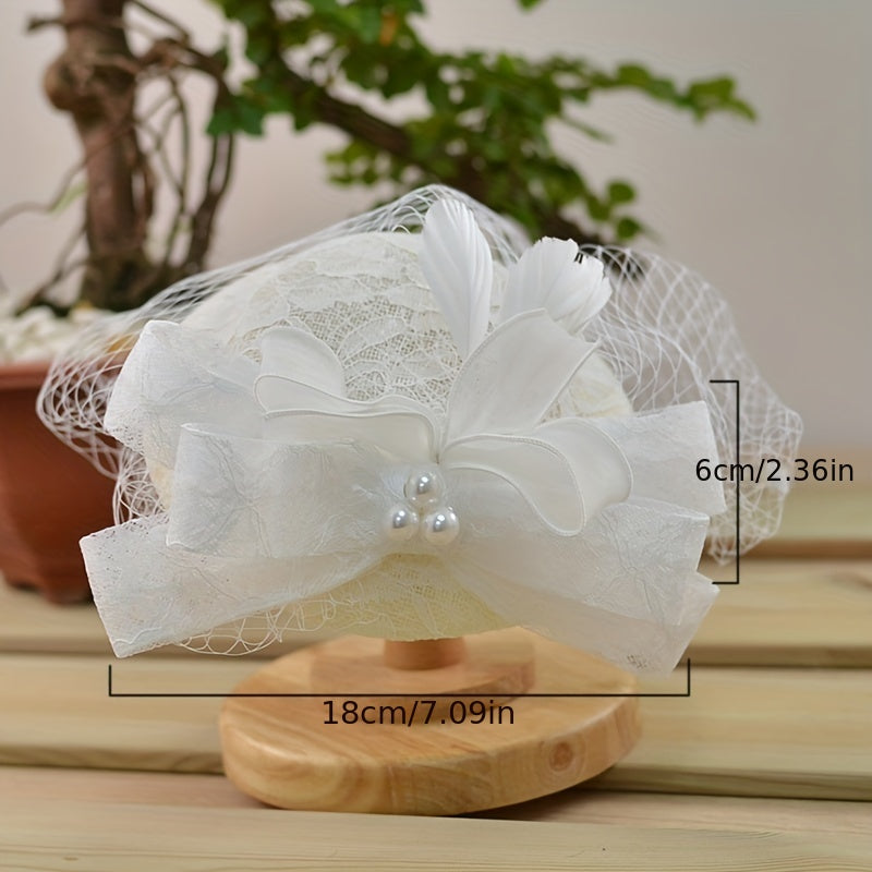 Veil Lace Fascinator Hats Faux Pearl Bowknot Decor Derby Hats