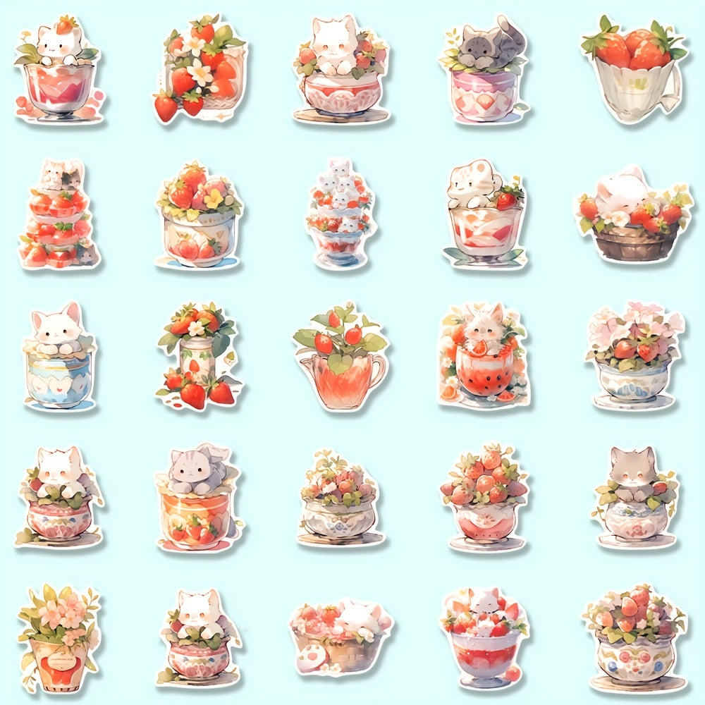 54pcs Strawberry Cat Cartoon Stickers Pack - Kids Laptop Luggage