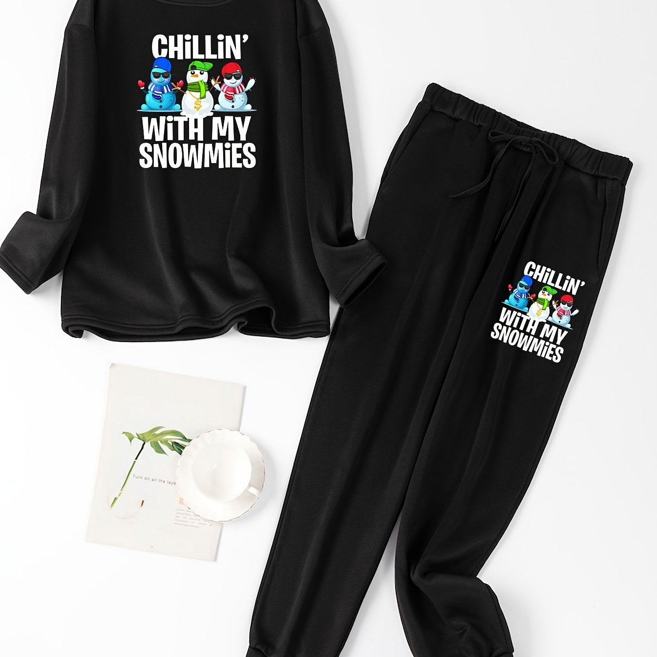 Snowman Print Fleece Tee & Joggers Pajamas Set