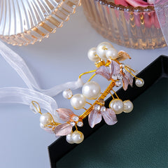 Adjustable Faux Pearl & Leaf Decor Bracelet for Bridal Wedding Parties