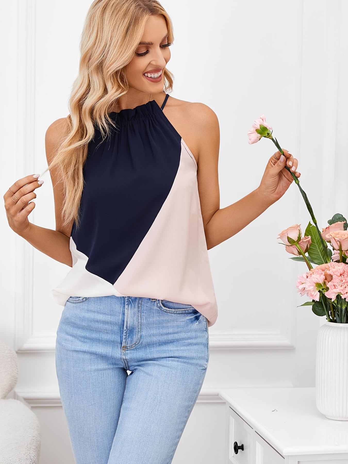 Casual Block Sleeveless Halter Tops for Women