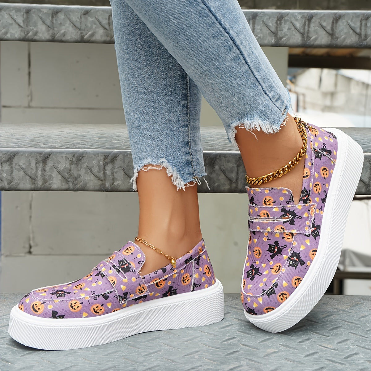 Women's Pumpkin & Cat Print Sneakers Halloween Canvas Shoes