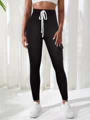 Flap Pocket Elastic Waist Skinny Pants Casual Tied Pants