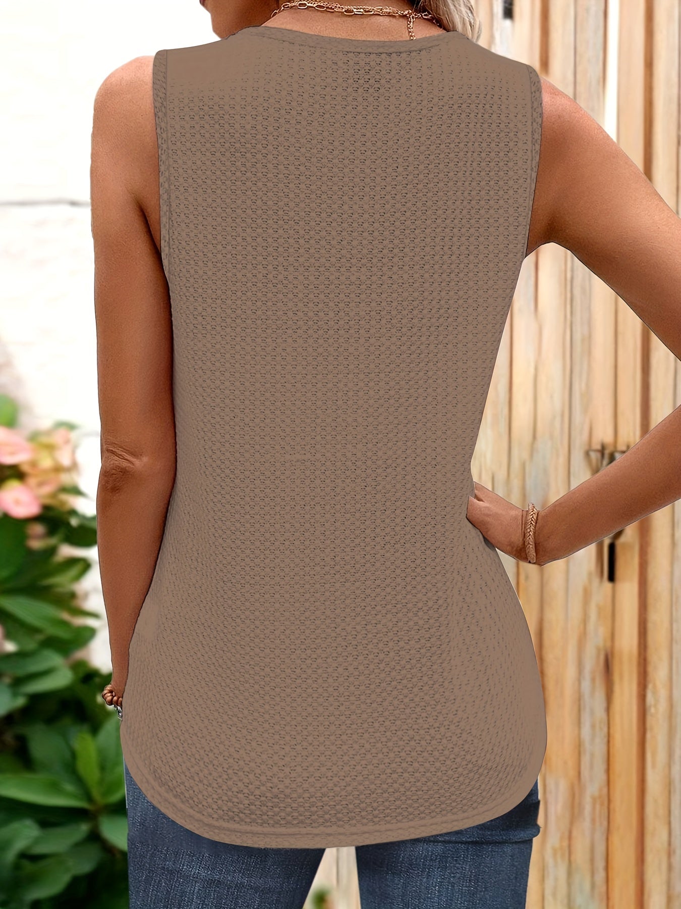 Guipure Lace Waffle Tank Top V Neck Sleeveless Casual Top