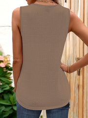 Guipure Lace Waffle Tank Top V Neck Sleeveless Casual Top