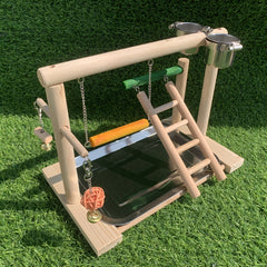 Wooden Bird Training Station with Feeding Game Swing Stairs