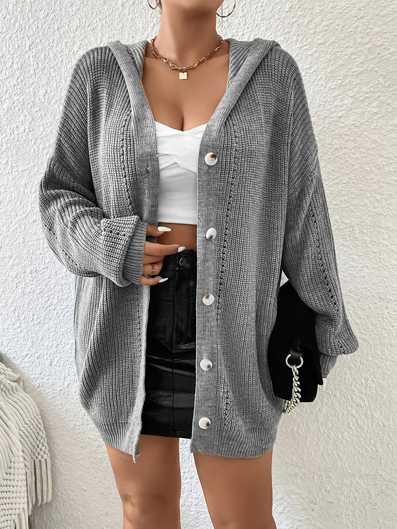 Solid Hollow Out Hoodie Cardigan