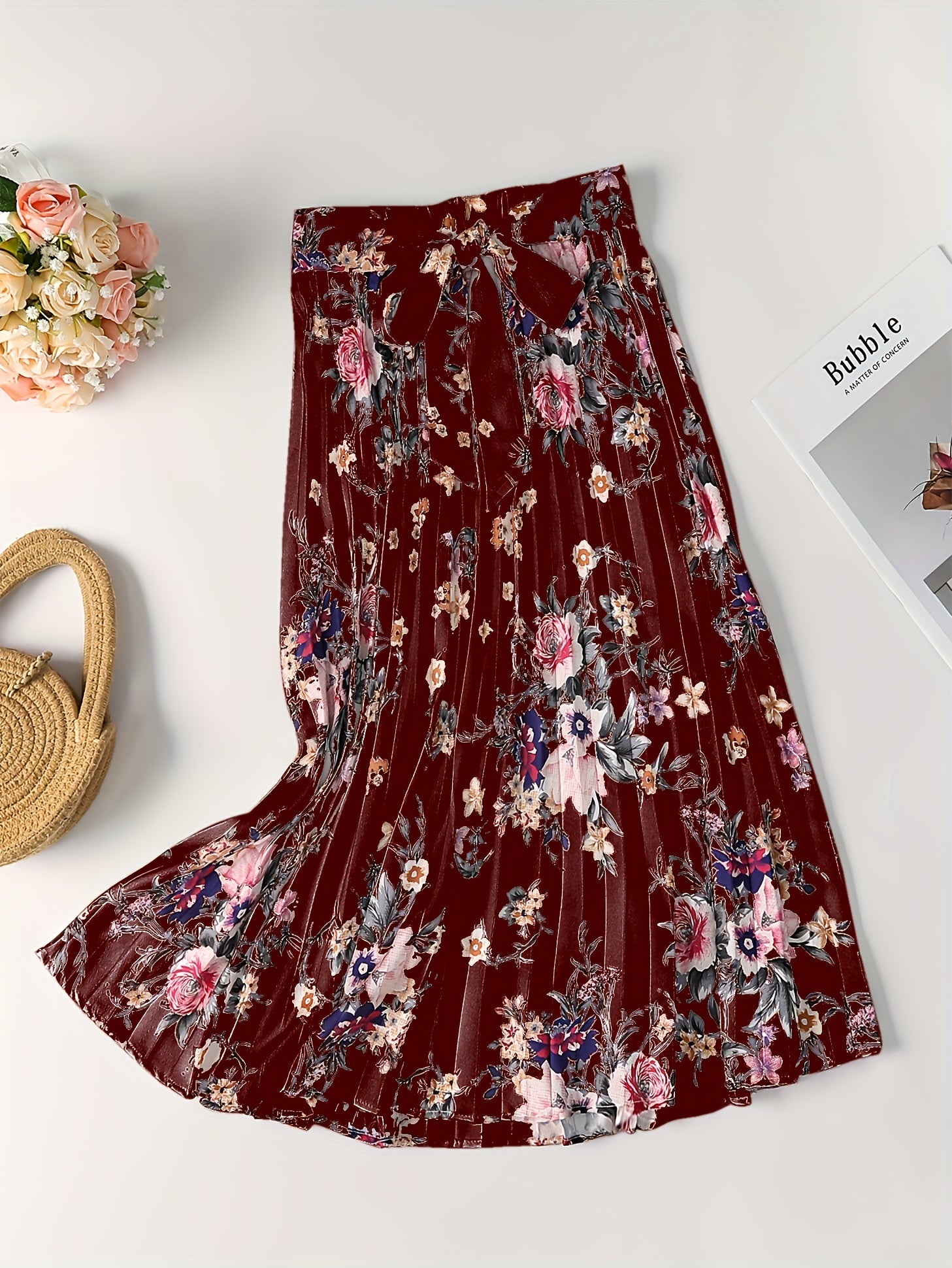 Vintage Floral Print Skirts Pleated Tie Waist Daily Skirts Women's Clothing