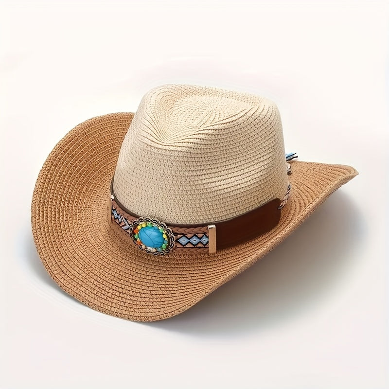 Bohemian Style Inlaid Stone Straw Hat Beach Cowboy Hat