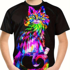 Colorful Cat Print Boy's Casual Tees Short Sleeve Crew Neck T Shirt