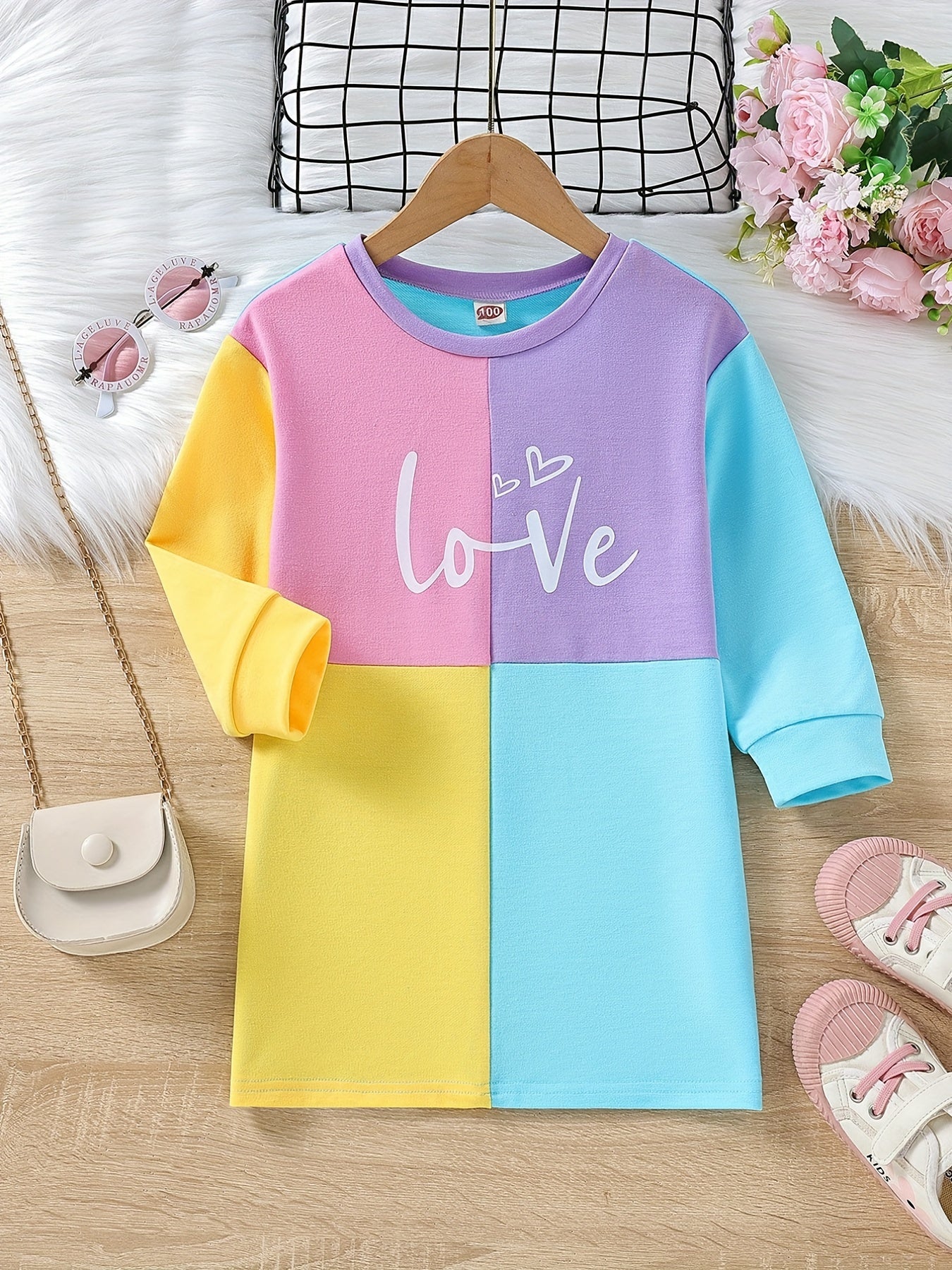 Girls Colorblock Long Sleeve Sweatshirt Dress Crew Neck Casual Outfit