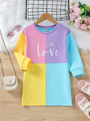 Girls Colorblock Long Sleeve Sweatshirt Dress Crew Neck Casual Outfit
