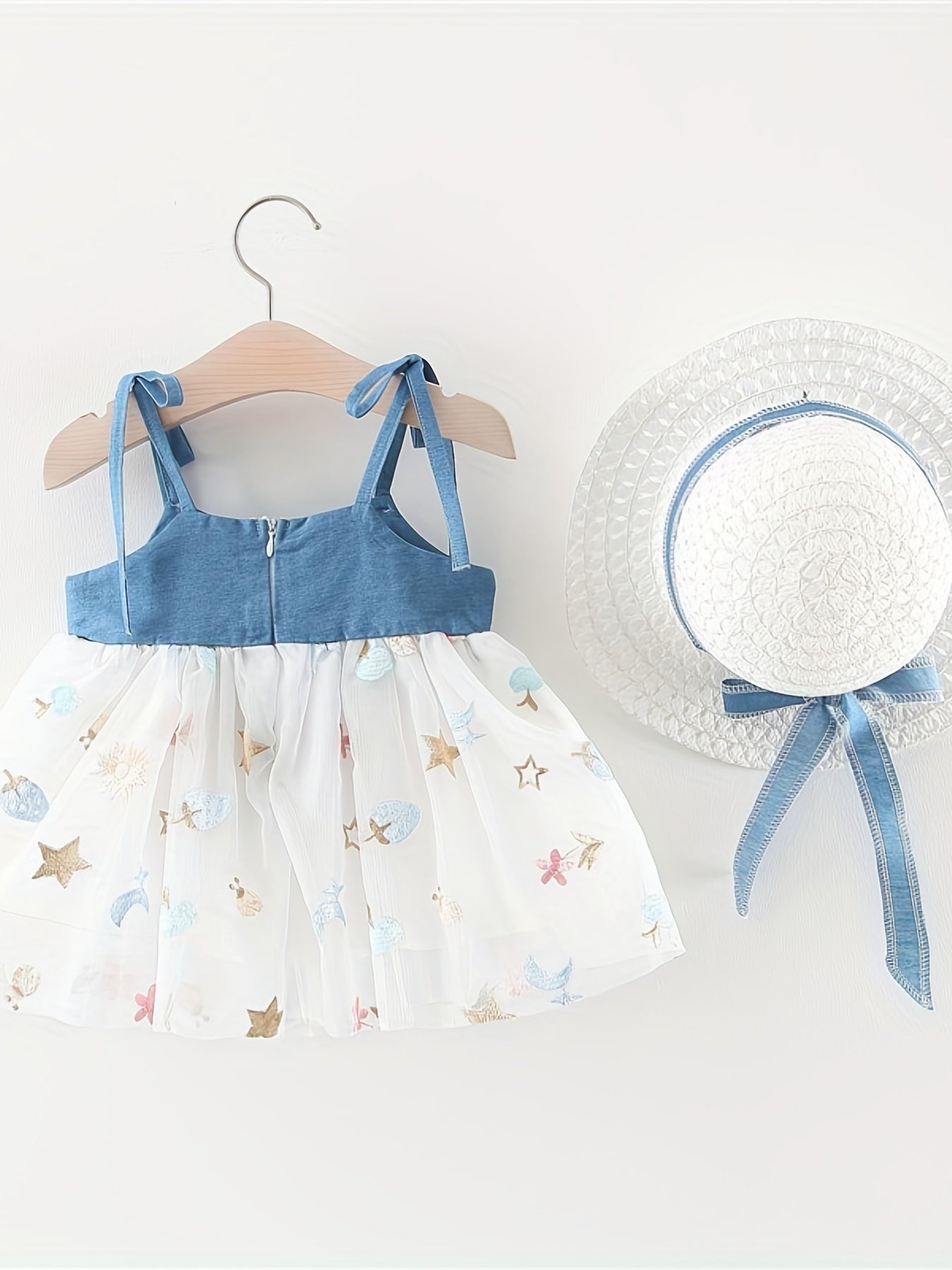 2pcs Girls' Bow Front Sundress And Beach Hat Set For Beach Party