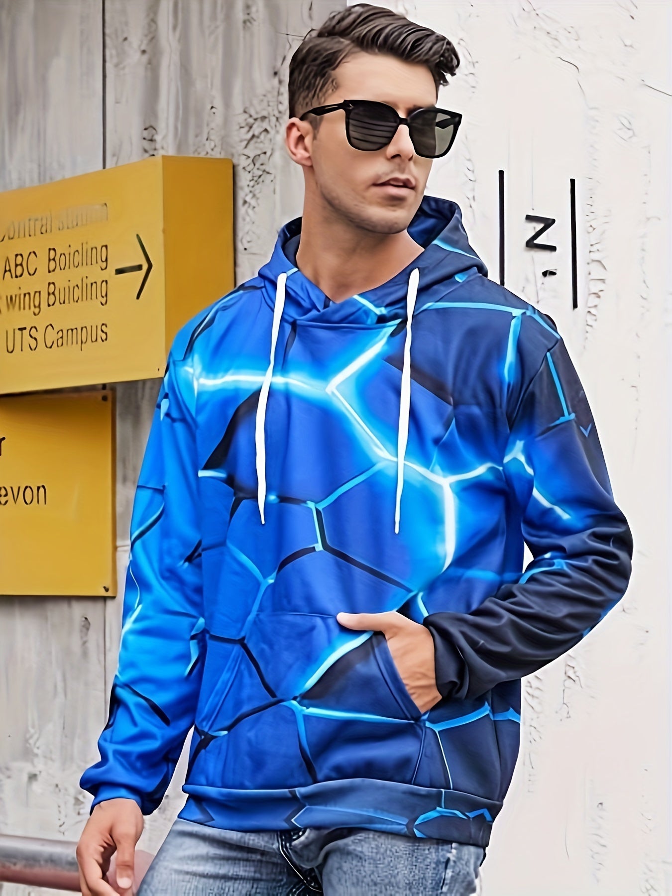Geometric Print Hoodie For Men with Kangaroo Pocket