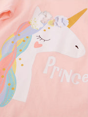 Girls Princess & Unicorn Print T-shirt Comfy Cotton Tops For Sports
