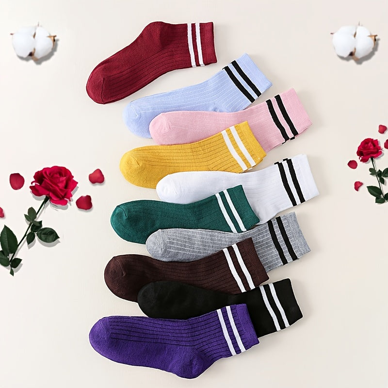 10pairs Mixed Ribbed Striped Crew Socks Women's Stockings & Hosiery