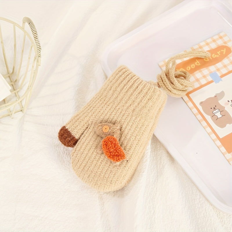 Kids Cartoon Gloves Winter Warm with Neck Hanging Rope