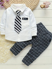 Boys Gentleman Shirt Suit Button Lapel Long Sleeve Shirt Tie Plaid Pants Set