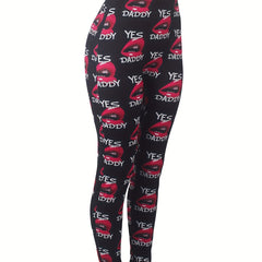Casual Leggings Women's Plus Letter & Kiss Print Medium Stretch