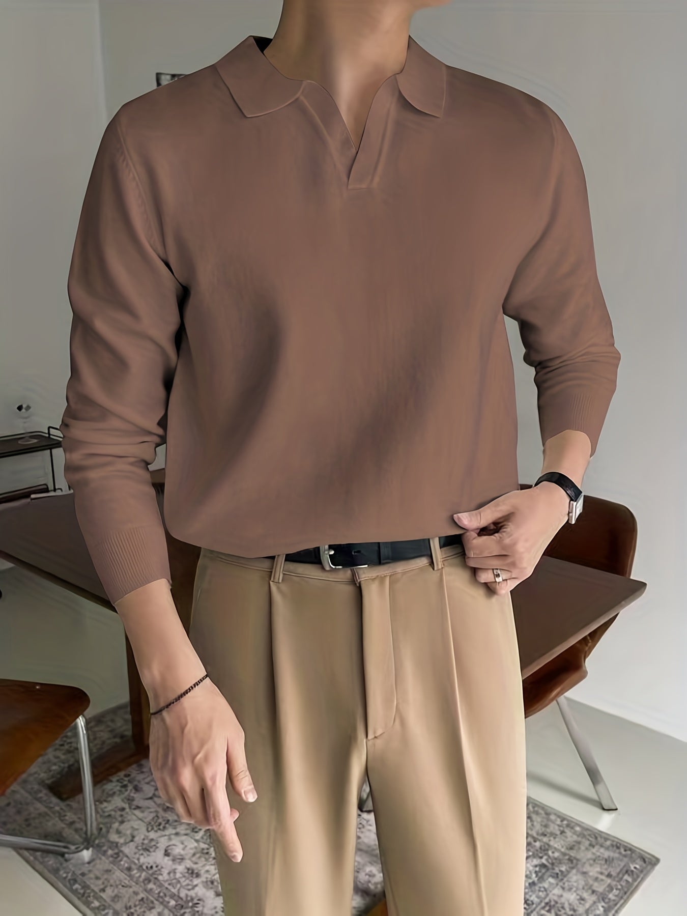 Retro Knit Shirt Men's High Stretch V Neck Pullover Sweater