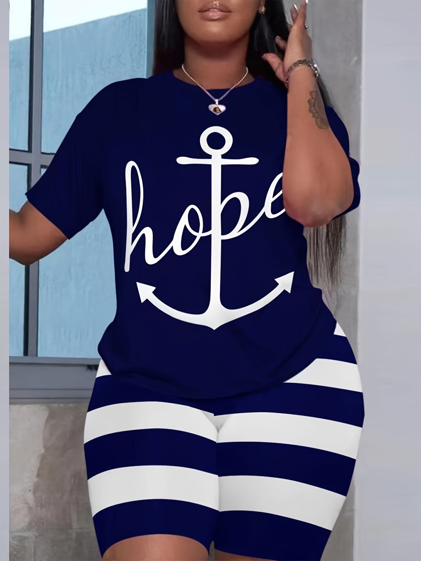 Women's Anchor & Stripes Tee & Shorts Outfit Set