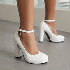 Solid Block Heel Buckle Strap Pumps