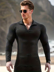 Men's Quick Dry Slim Fit Shirt Active Mid Stretch Lapel Zip Long Sleeve