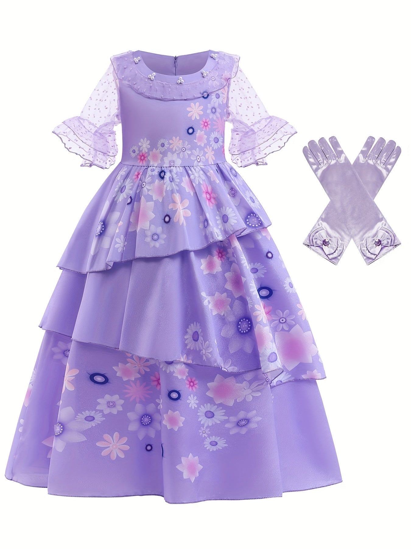 Girls Magic Princess Dress Polka Dots Flare Lace Sleeve Prom Party Dress Gloves