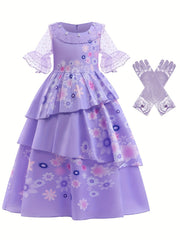 Girls Magic Princess Dress Polka Dots Flare Lace Sleeve Prom Party Dress Gloves