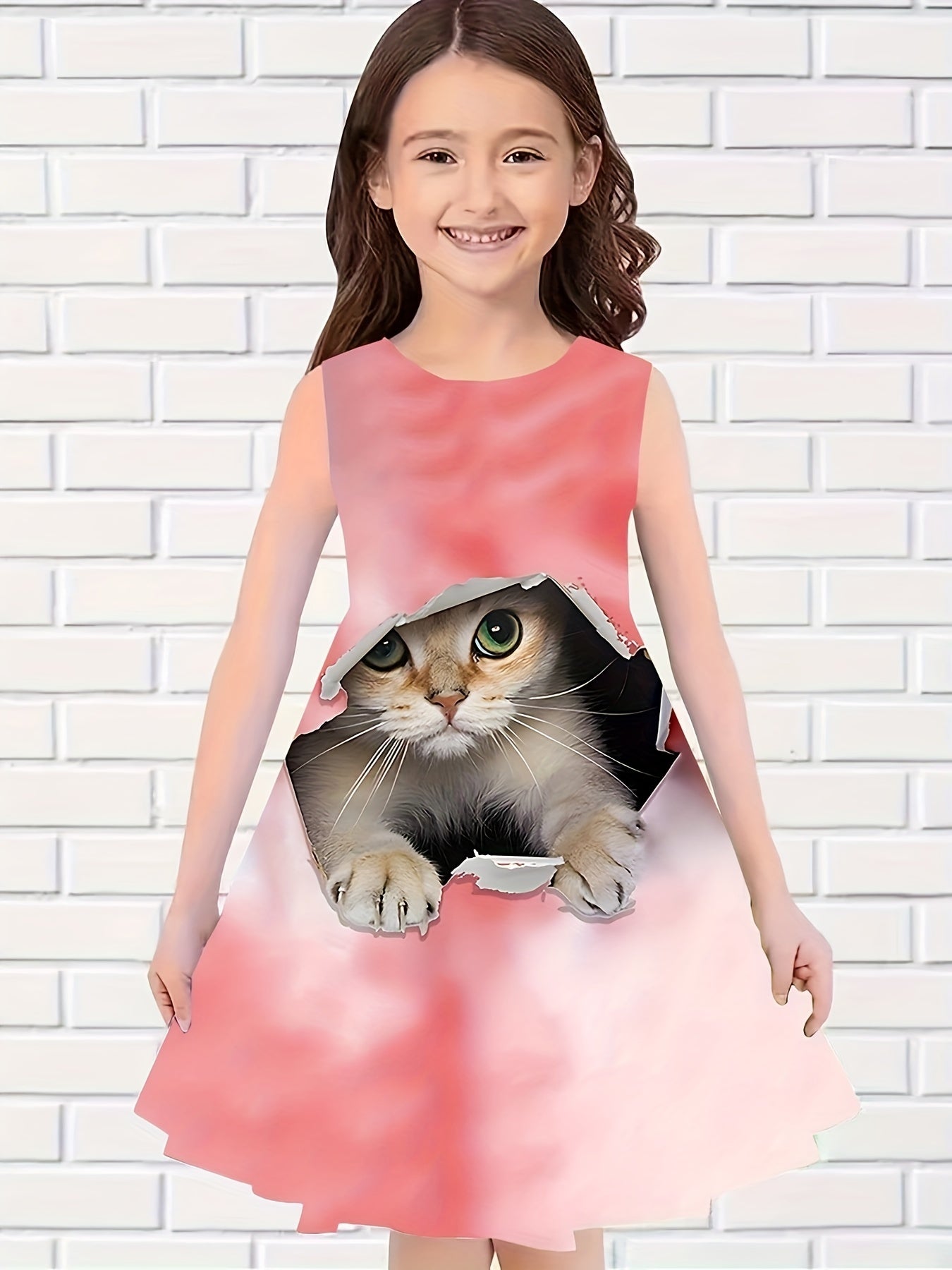 Girls Kitty Graphic Sleeveless Dress for Summer