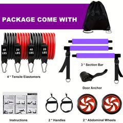 Pilates Bar Kit & Resistance Bands Fitness Set with Ab Roller
