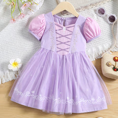 Girls Princess Dress Puff Sleeve Tulle Ribbon Print Halloween Party