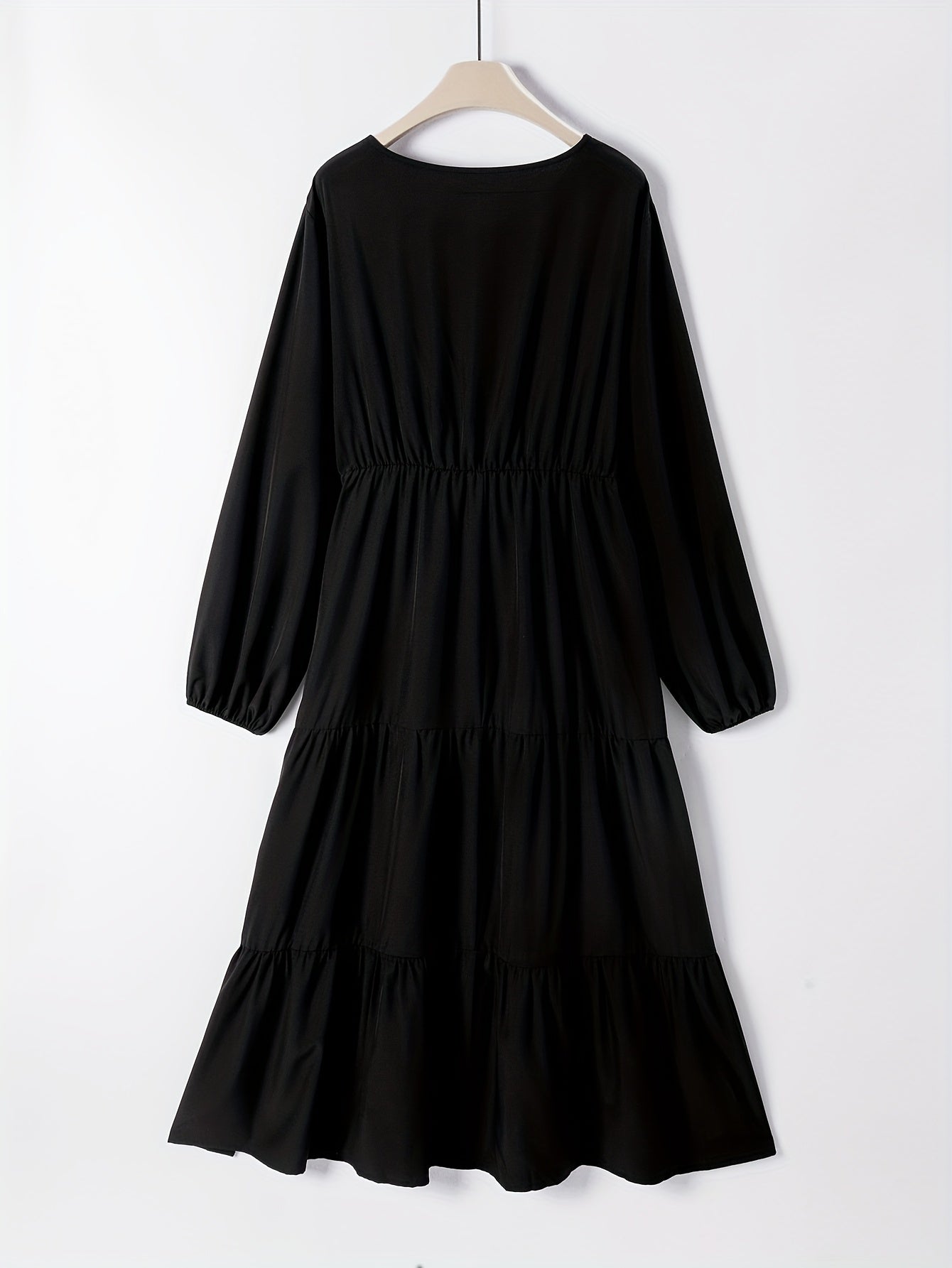Solid Bow Knot Front Lantern Sleeve Round Neck Smock Maxi Dress