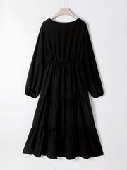 Solid Bow Knot Front Lantern Sleeve Round Neck Smock Maxi Dress
