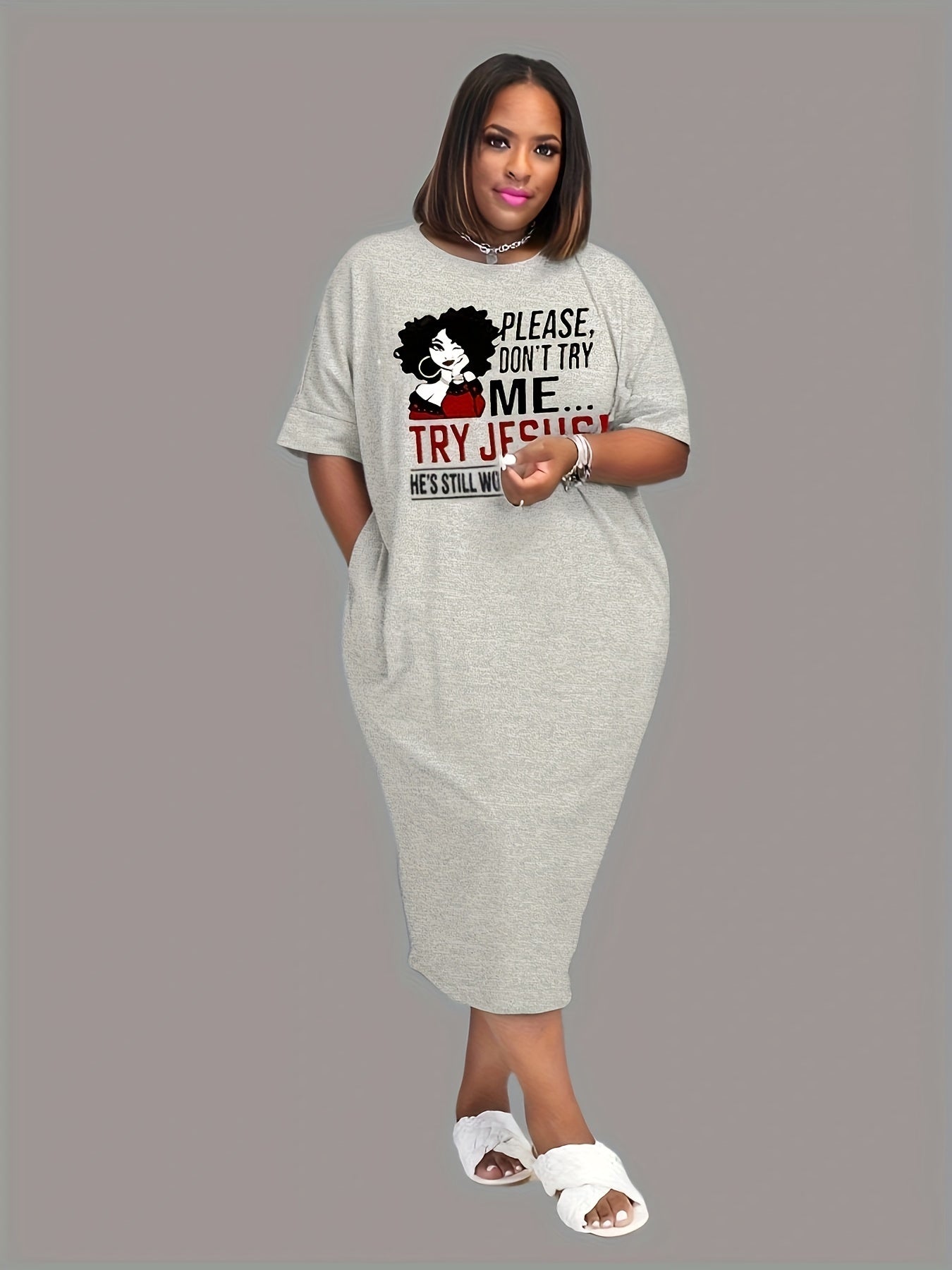 Figure & Letter Print Short Sleeve Tee Dress Women's Plus
